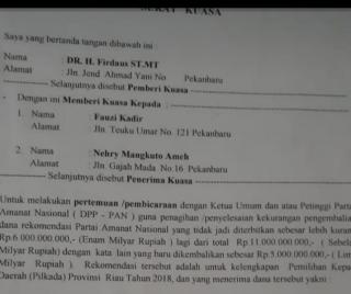 Beredar Surat Mahar Firdaus ke PAN di Pilkada 2018, Nama Irvan Herman Disebut