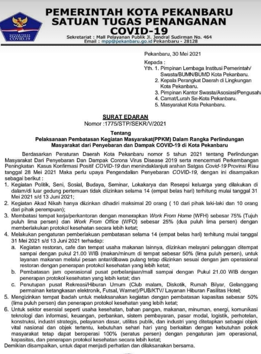 Terapkan PPKM Pemkot Pekanbaru Terbitkan Surat Edaran, Diskotik dan Tempat Karaoke Ditutup