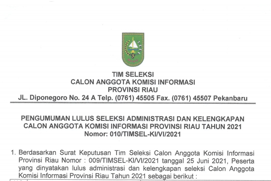 Tim Seleksi Umumkan 59 Nama Calon Anggota KI Riau Lulus Administrasi dan Kelengkapan