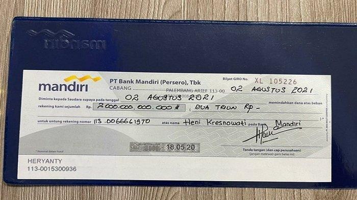 Foto Bilyet Giro Rp 2 Triliun Atas Nama Anak Akidi Tio, Begini Tanggapan Pihak Bank