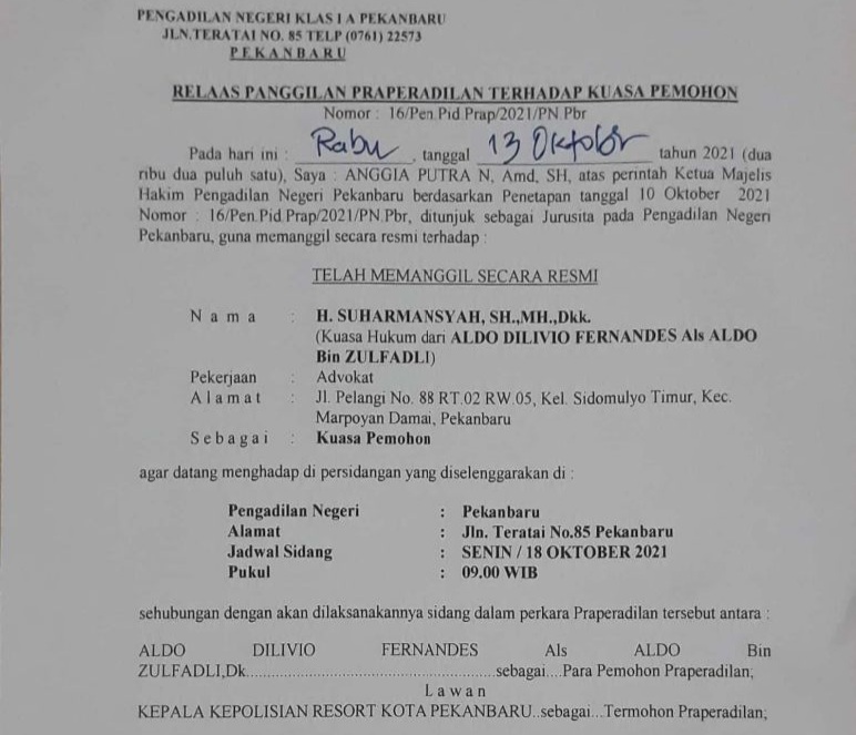 Sidang Praperadilan Warga Yang Dipolisikan Anggota DPRD Pekanbaru Ditunda 