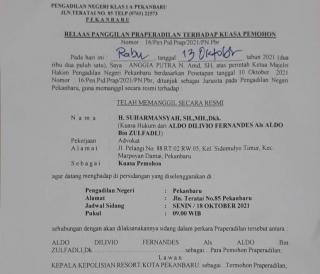 Sidang Praperadilan Warga Yang Dipolisikan Anggota DPRD Pekanbaru Ditunda