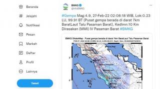 Gempa Magnitudo 4,9 Kembali Guncang Pasaman Barat pada Minggu Dini Hari