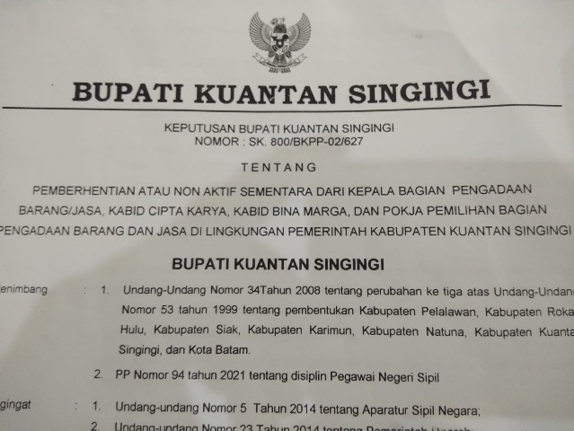 Diduga Dipicu Persoalan Tender Proyek, Pejabat di PUPR Pemkab Kuansing Dicopot Plt Bupati