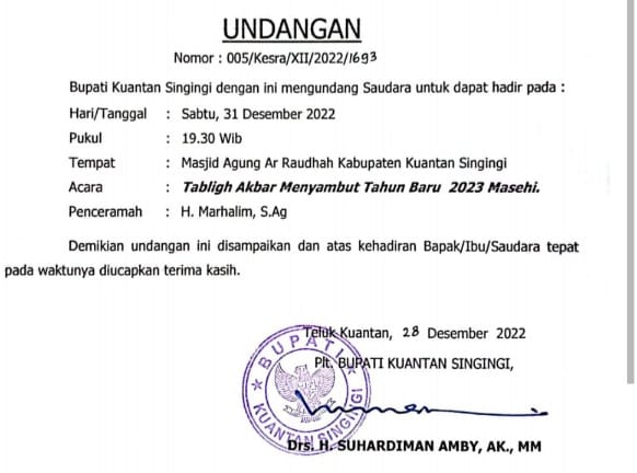 Malam Tahun Baru, Plt Bupati Kuansing Ajak Masyarakat Hadiri Tabligh Akbar 
