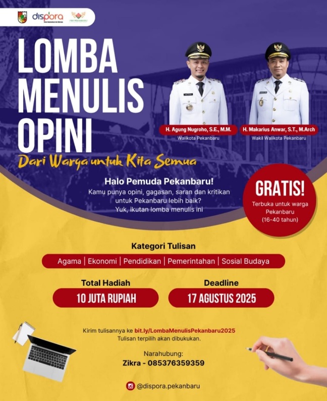 Total Hadiah Rp10 Juta, Dispora Pekanbaru Gelar Lomba Menulis Opini