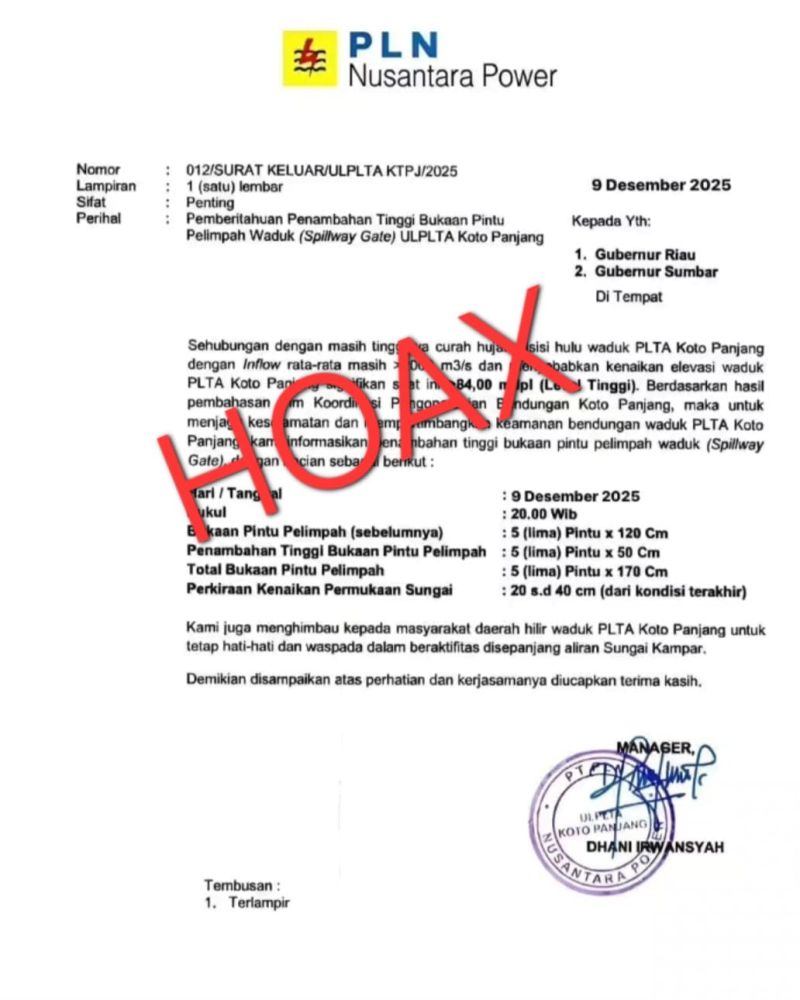 Hoaks! Pembukaan Spillway Resahkan Warga, Manajemen PLTA Koto Panjang Tegaskan Surat Edaran Palsu